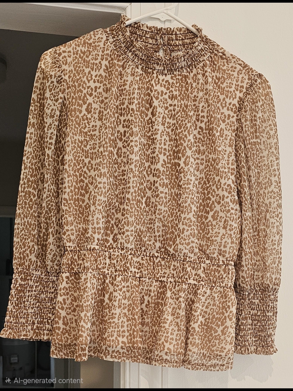 Collective Concepts Cream and Brown Leopard Print Smocked Blouse